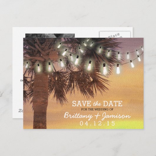 Sunset Palm Tree String Lights Save the Date Aankondigingskaart (Voorkant / Achterkant)