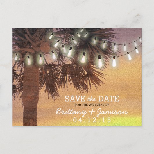 Sunset Palm Tree String Lights Save the Date Aankondigingskaart (Voorkant)