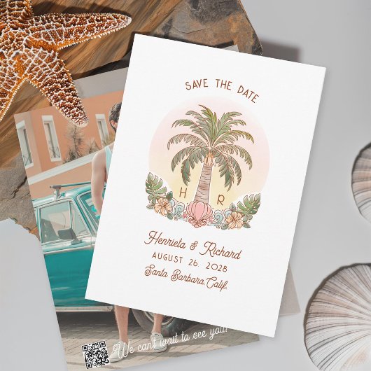 Sunset Palm Tree Waterverf Monogram Strand Save The Date