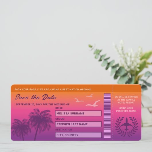 Sunset Palm Trees Faux Boarding Pass Sla de datum  Kaart (Staand voorkant)