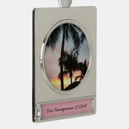 Sunset Palms Tropical Landscape Photography Verzilverd Banner Ornament (Rechts)