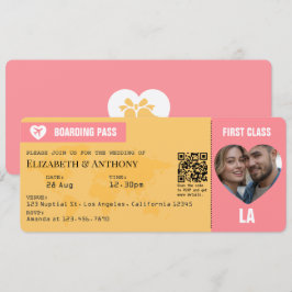 Sunset Pink & Goldenrod Boarding Pass Wedding Kaart