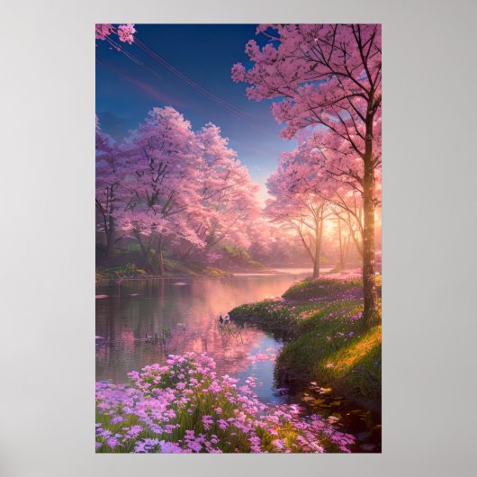 Sunset Reflections on a Cherry Blossom River Poster (Voorkant)