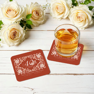 Sunset Rust Red Shabby Chic 40 Jubileum Onderzette Vierkante Kartonnen Onderzetter