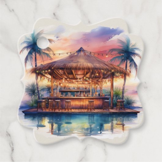 Sunset Rustic Beach Bar Trouwen Bedankjes Labels (Voorkant)