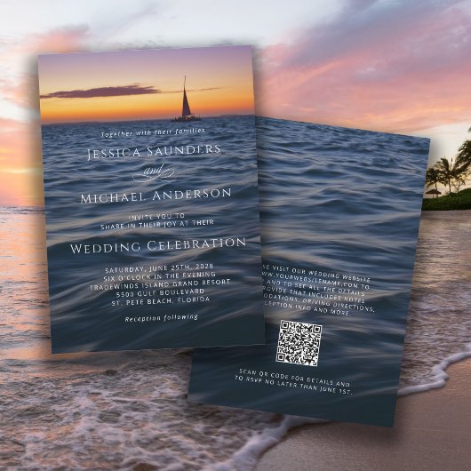 Sunset Sail Modern Nautisch Huwelijk met QR-code Kaart