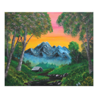 Sunset Shack in Mountain Forest Foto Afdruk