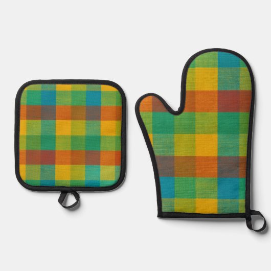 Sunset Squares – Kleurrijke Plaid Oven Mitt & Pot Ovenwant & Pannenlap Set (Voorkant)
