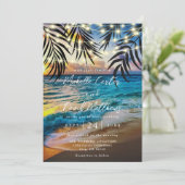 Sunset String Lights Beach Wedding Invitation (Debout devant)