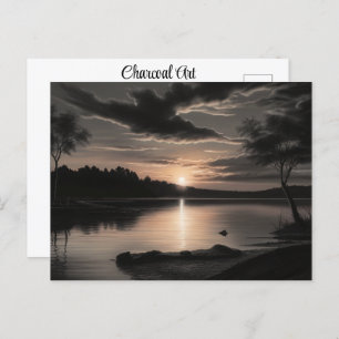 Sunset Sunrise Glassy Lake Charcoal Pencil Art Briefkaart