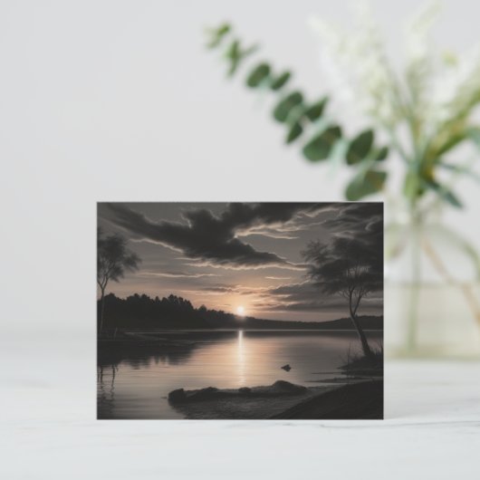 Sunset Sunrise Glassy Lake Charcoal Pencil Art Briefkaart (Staand voorkant)