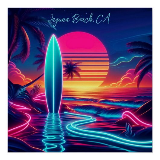 Sunset Surfboard Neon-verlichting Perfect Poster (Voorkant)