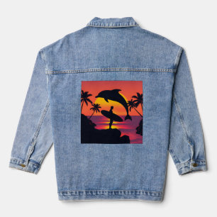 Sunset Surfer en Dolfijn Silhouet Tropisch strand Denim Jacket
