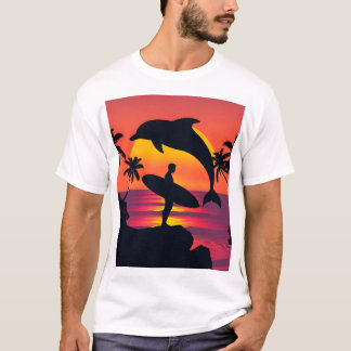 Sunset Surfer en Dolfijn Silhouet Tropisch strand T-shirt