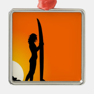 Sunset Surfer Girl met surfboard Metalen Ornament