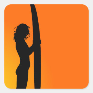 Sunset Surfer Girl met surfboard Vierkante Sticker