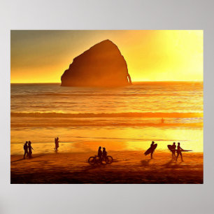 Sunset Surfing and Biking Cape Kiwanda Oregon Poster