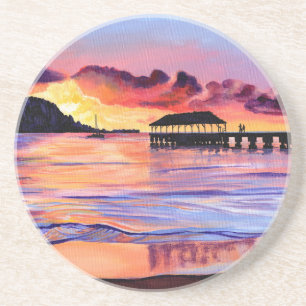 Sunset te Hanalei Pier Zandsteen Onderzetter
