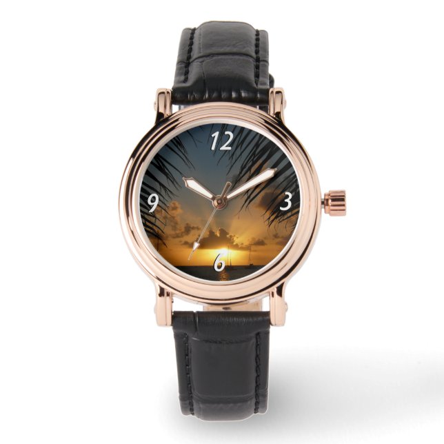 Sunset Through Palm Fronds Tropical Seascape Horloge (Voorkant)