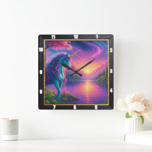 Sunset Unicorn Lake Forest Vierkante Klok