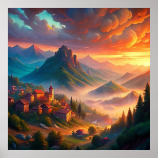 Sunset Village in de bergen, Boheems landschap Poster