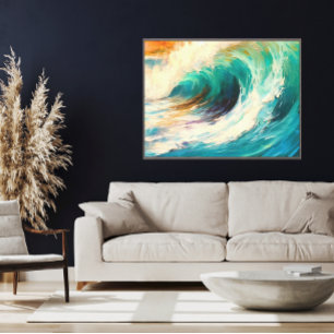 Sunset Wave Bold Ocean Art Blauwgroen en verbrand Canvas Afdruk