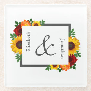 Sunset Zonnebloem Roos Bloemen Bruiloft Glazen Onderzetter