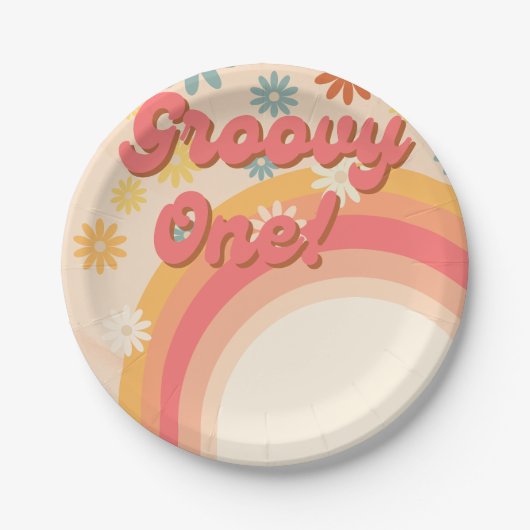 Sunshine 70s retro groovy daisy flower verjaardag papieren bordje (Voorkant)