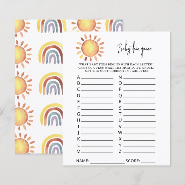 Sunshine Baby Item Game. Baby shower game (Voorkant / Achterkant)