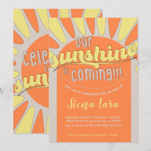Sunshine Baby shower Bonne Invitation Neutre (Devant / Derrière)