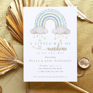 Sunshine Blue Boho Rainbow Boy Baby shower Kaart