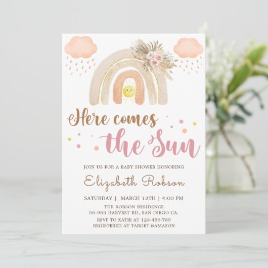 Sunshine Boho Rainbow Baby shower Invitation (Debout devant)