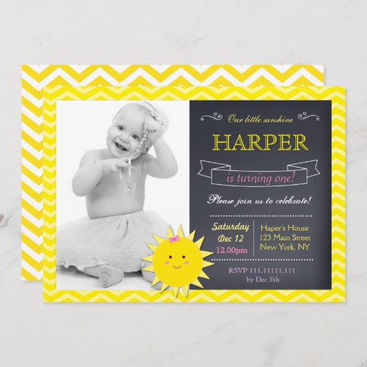 Sunshine Chalkboard Invitations de fête d'annivers (Devant / Derrière)