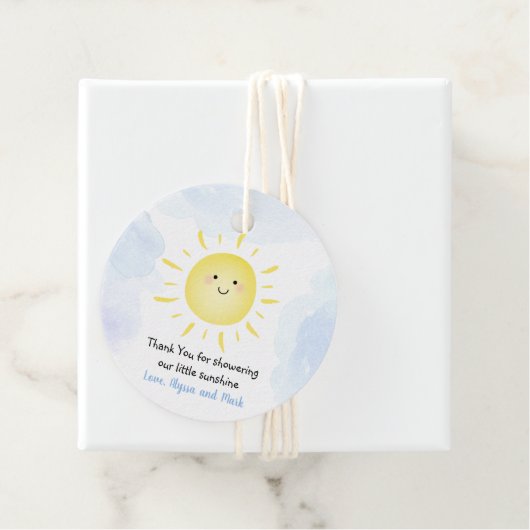 Sunshine Clouds Blue Boy Baby shower Bedankjes Labels (In situ)