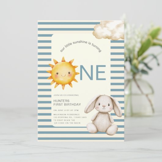 Sunshine Cute Bunny First Birthday OR code Kaart (Staand voorkant)