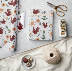 Sunshine Folk Art Rooster Patroon Cadeaupapier