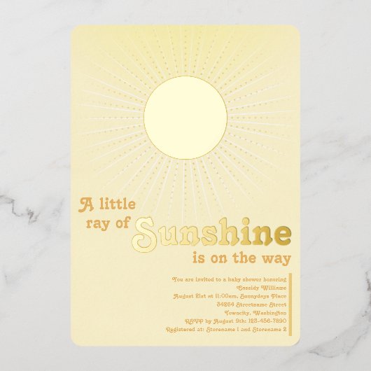 Sunshine Gold Sun Baby shower Foil Invitation (Recto)