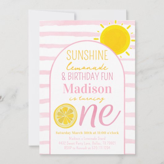 Sunshine Lemonade 1e Verjaardagsfeestuitnodiging Kaart (Voorkant)