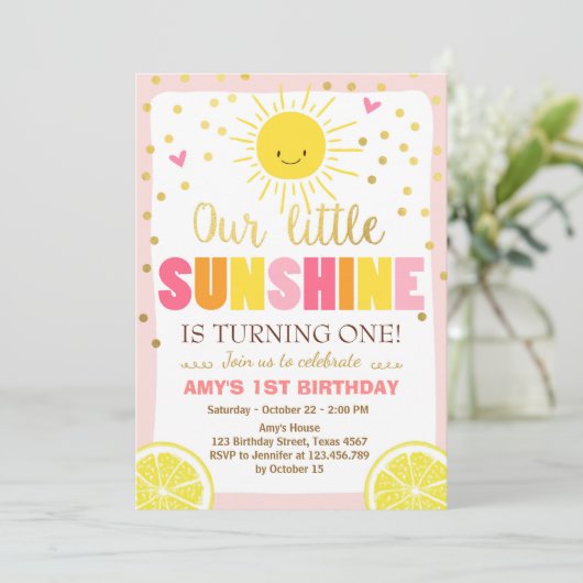 Sunshine Limonade Verjaardag uitnodiging Pink Lemo (Staand voorkant)