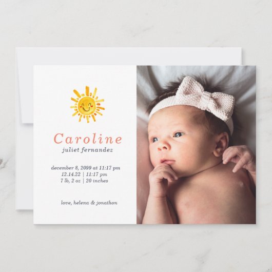 Sunshine Nom primaire Faire-part de naissance bébé (Devant)