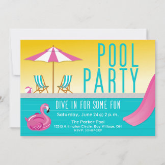 Sunshine & Pink Flamingo Pool Party Invitation Kaart