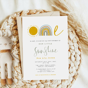 Sunshine Rainbow First Birthday Invitation Kaart