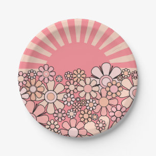 Sunshine Retro Garden Groovy Pink Flowers & Sun Papieren Bordje