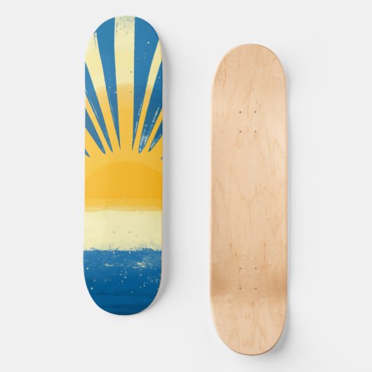 Sunshine Sunrise Retro 70s Boho Blauw Geel Skateboard (Voorkant)