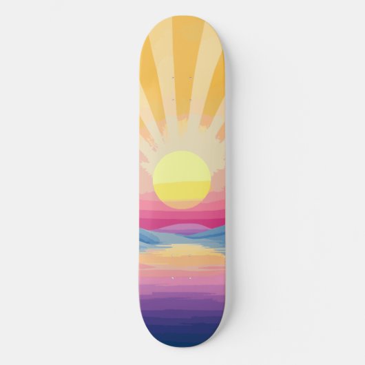 Sunshine Sunset Retro 70s Boho Blauw Geel Roze Skateboard (Voorkant)
