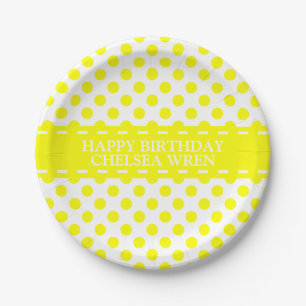 Sunshine Yellow Polka Dots on White Personalized Papieren Bordje