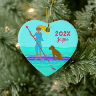 SUP Girl Dog Paddleboarding Kerstmis Keramisch Ornament