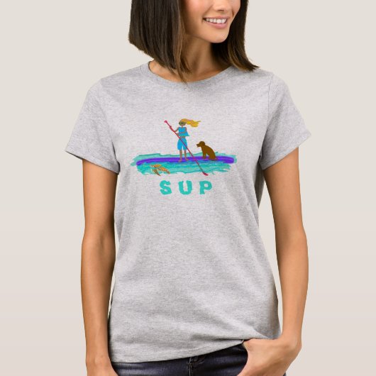 SUP Girl n Dog Paddleboarding Zee Turtle T-shirt (Voorkant)