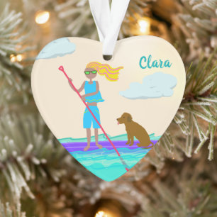 SUP Stand Up Paddleboarding Meisje Hond Foto Ornament