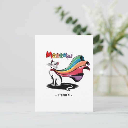 Super Cat Meewow – Rainbow Cape Pride Cat Briefkaart (Staand voorkant)